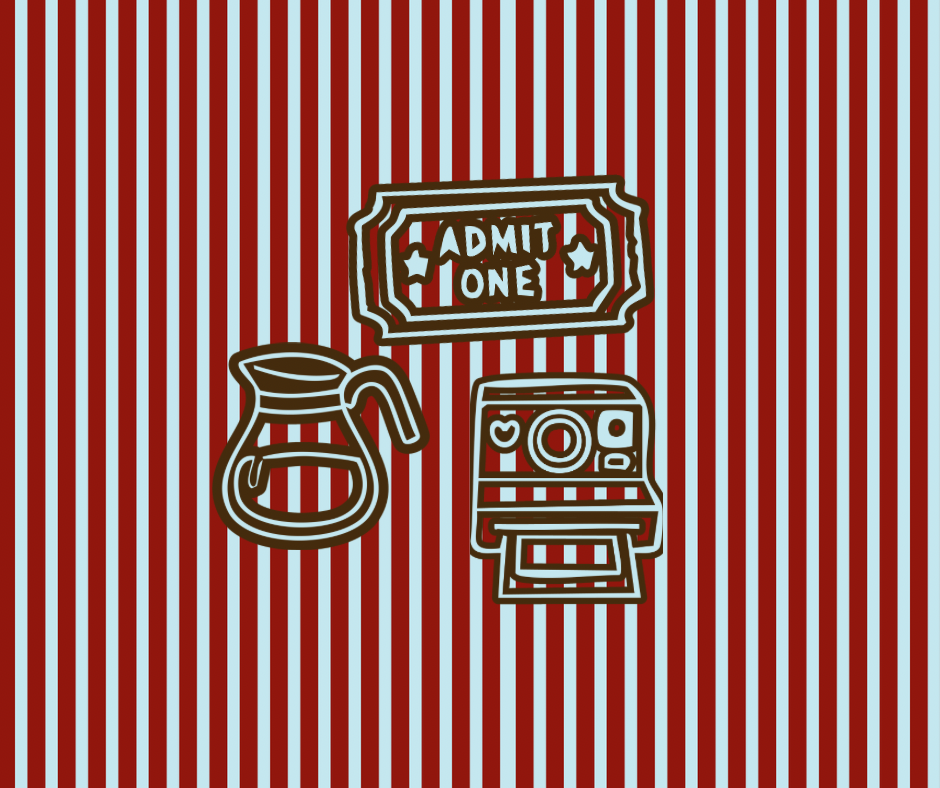 Brand illustration: an Admit One movie ticket, a coffee pot, and a camera on red and white stripes