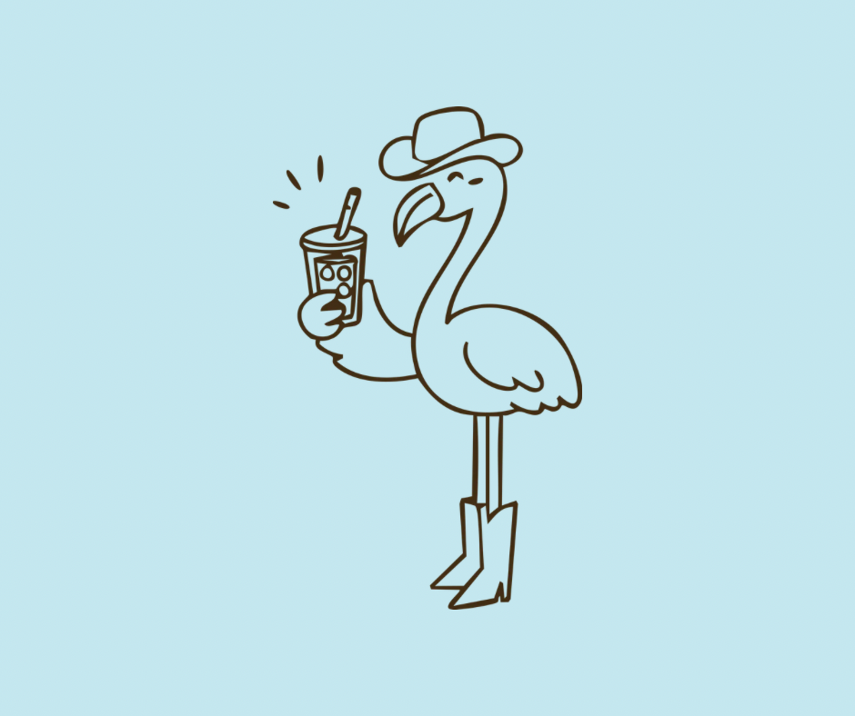 Brand illustration: a flamingo in a cowboy hat and boots holding an iced coffee, on light blue