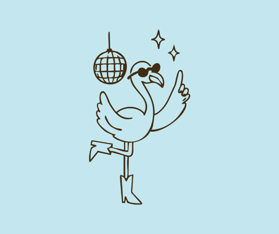Brand illustration: a disco flamingo on light blue